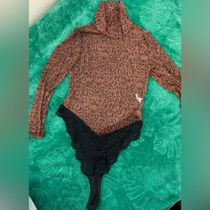 Sheer leopard print bodysuit with black lace detail XL